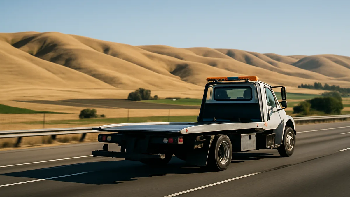 Tow truck on a rural road in the Byron and Brentwood, CA area
