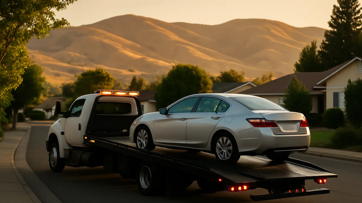 Flatbed tow truck loading a sedan on a quiet Brentwood, CA street at golden hour