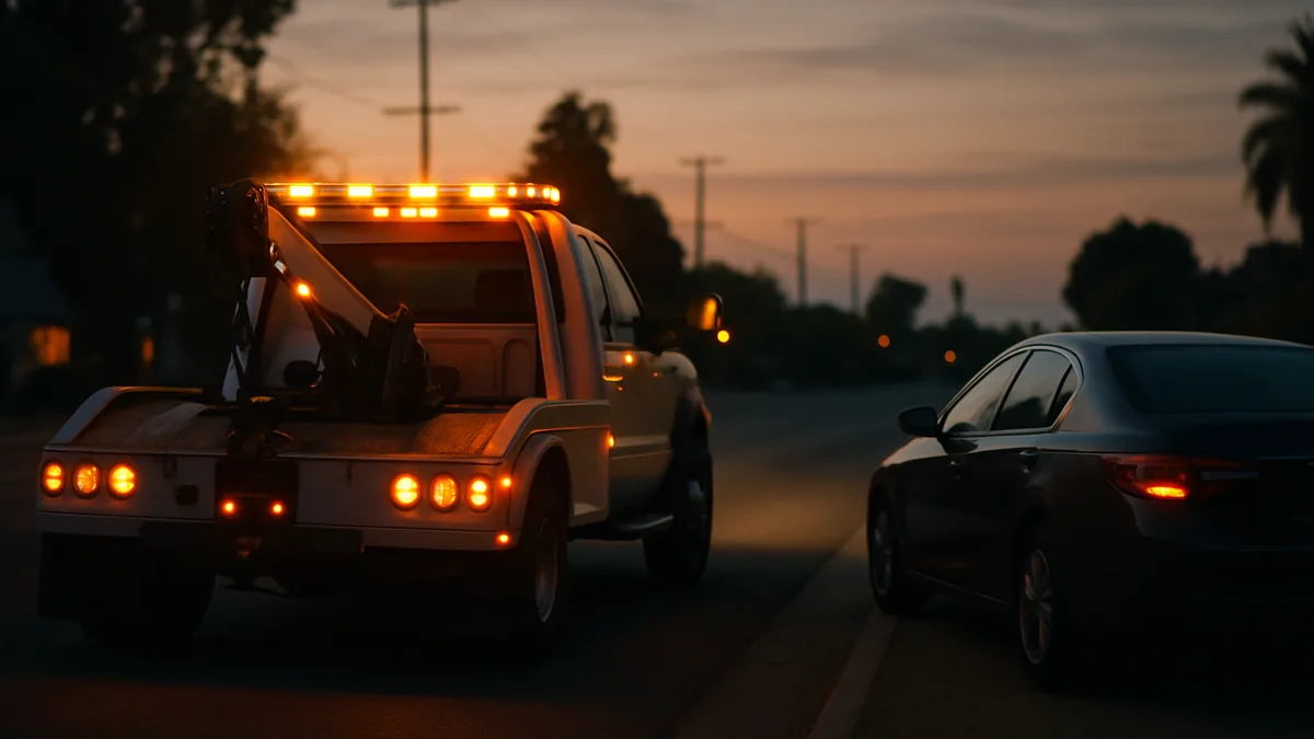 Tow truck stopped to help a vehicle on the shoulder near Brentwood, CA