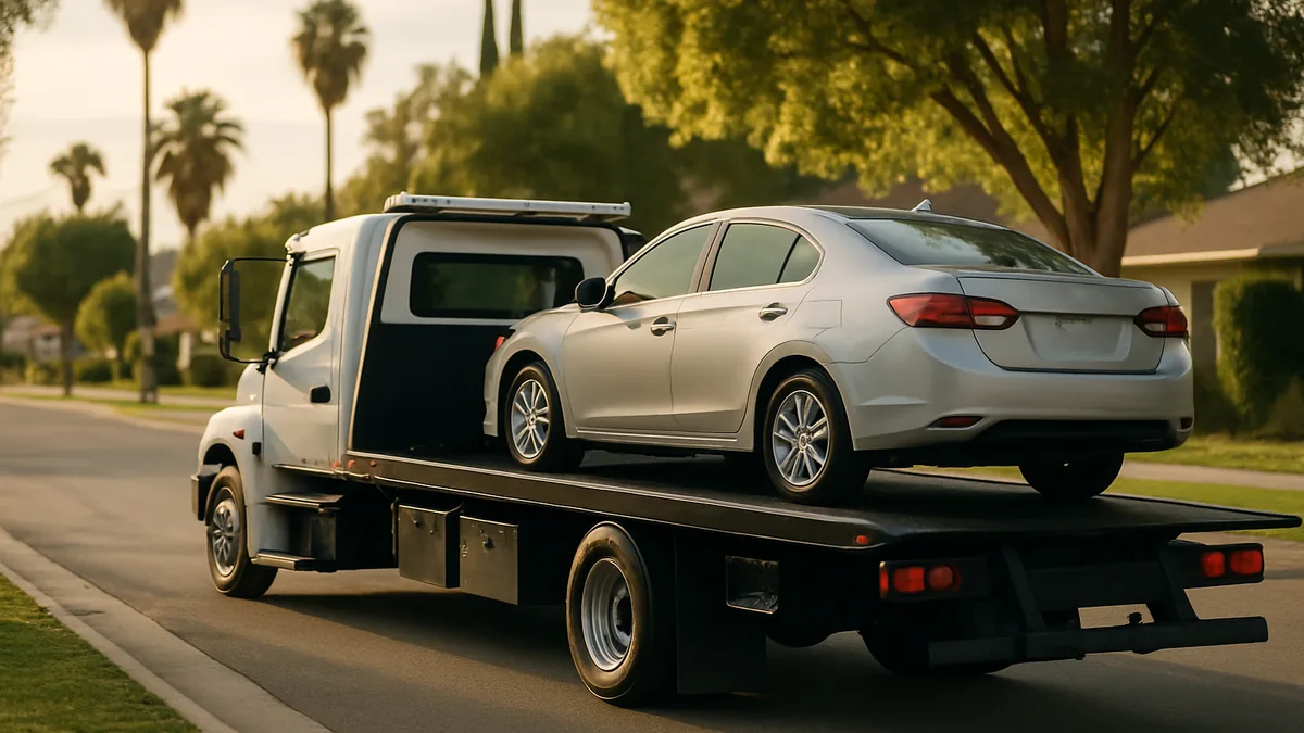 Flatbed tow truck loading a sedan on a Brentwood, CA street